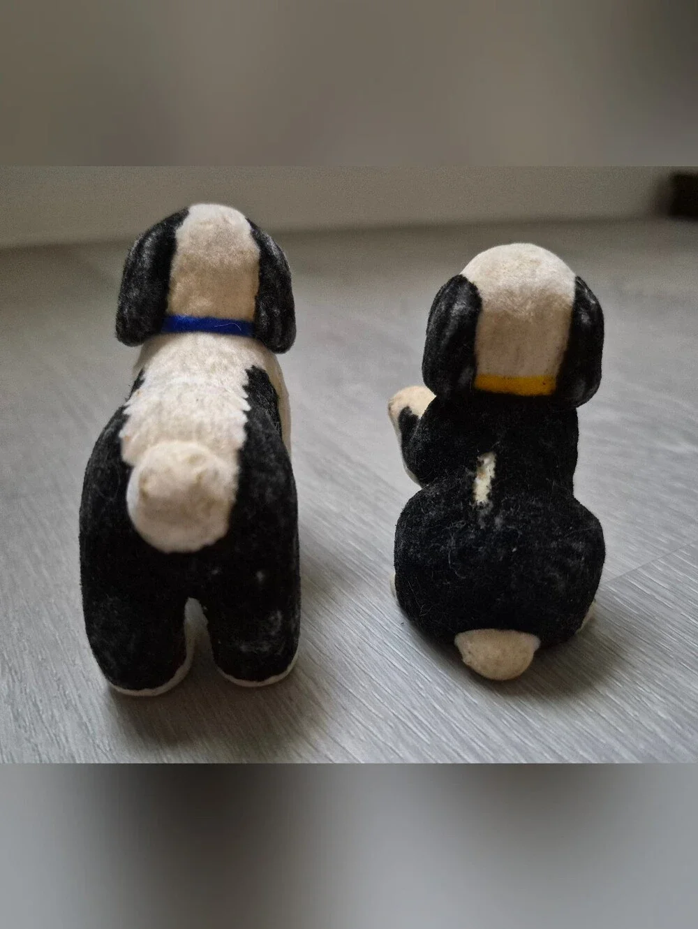 2 Vintage Flocked Black White Spots English Sheepdogs Barbie Dollhouse Pets